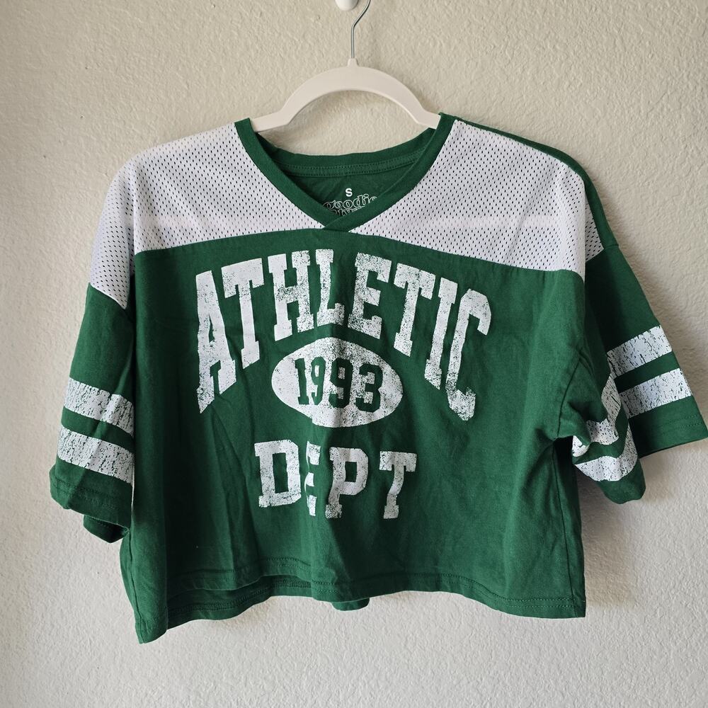 Goodie Two Sleeves mesh striped jersey top green white women's size S